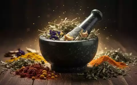Ein Mörser mit Stößel, gefüllt mit verschiedenen getrockneten Kräutern und Gewürzen, symbolisiert Naturheilkunde und Forschung. - Foto: über boerse-global.de