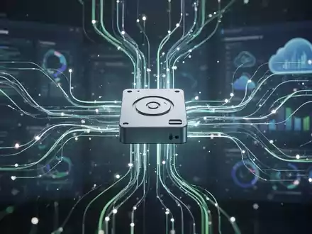 Abstrakte Darstellung von Datenspeicherung und -verwaltung mit leuchtenden Linien, die in ein Laufwerksymbol fließen, symbolisiert Optimierung und Cloud-Dienste. - Foto: über boerse-global.de