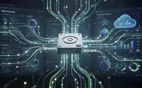 Abstrakte Darstellung von Datenspeicherung und -verwaltung mit leuchtenden Linien, die in ein Laufwerksymbol fließen, symbolisiert Optimierung und Cloud-Dienste. - Foto: über boerse-global.de