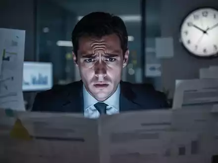 Ein gestresster Geschäftsangestellter sitzt nachts in einem modernen Büro, umgeben von Dokumenten und einem Bildschirmlicht. - Foto: über boerse-global.de