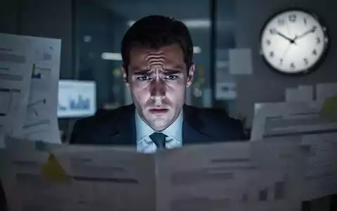 Ein gestresster Geschäftsangestellter sitzt nachts in einem modernen Büro, umgeben von Dokumenten und einem Bildschirmlicht. - Foto: über boerse-global.de