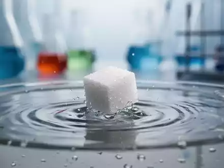 Ein Zuckerwürfel löst sich in Wasser auf, im Hintergrund sind unscharfe Laborgeräte zu sehen. - Foto: über boerse-global.de