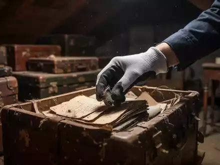 Eine behandschuhte Hand sortiert alte Gegenstände in einem Keller oder Dachboden, mit unscharfen Kisten und Möbeln im Hintergrund. - Foto: über boerse-global.de