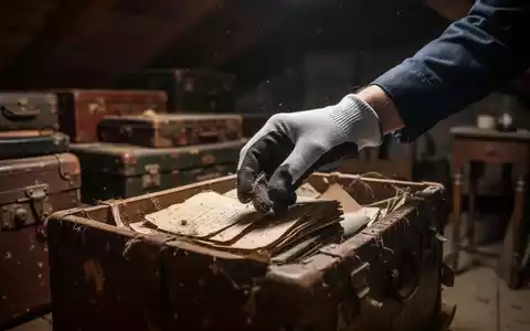 Eine behandschuhte Hand sortiert alte Gegenstände in einem Keller oder Dachboden, mit unscharfen Kisten und Möbeln im Hintergrund. - Foto: über boerse-global.de