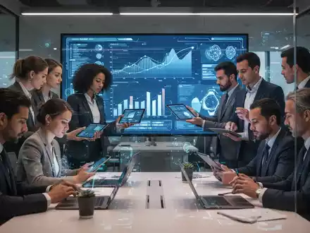 Fachleute arbeiten in einem modernen Büro mit digitalen Displays und Tablets, symbolisch für digitale Kompetenzentwicklung und KI-Integration. - Foto: über boerse-global.de