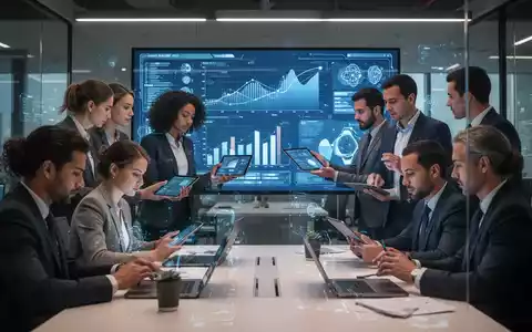 Fachleute arbeiten in einem modernen Büro mit digitalen Displays und Tablets, symbolisch für digitale Kompetenzentwicklung und KI-Integration. - Foto: über boerse-global.de