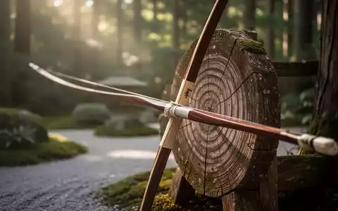 Ein traditioneller japanischer Langbogen (Yumi) lehnt an einer verwitterten Holzscheibe in einer ruhigen, natürlichen Umgebung. - Foto: über boerse-global.de