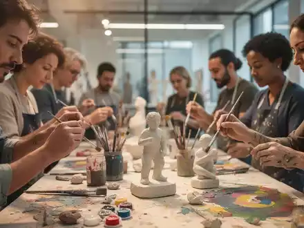 Eine Gruppe von Menschen unterschiedlichen Alters, die an einem Tisch sitzen und gemeinsam malen und bildhauern, was Ruhe und Konzentration ausdrückt. - Foto: über boerse-global.de