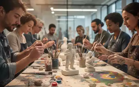 Eine Gruppe von Menschen unterschiedlichen Alters, die an einem Tisch sitzen und gemeinsam malen und bildhauern, was Ruhe und Konzentration ausdrückt. - Foto: über boerse-global.de