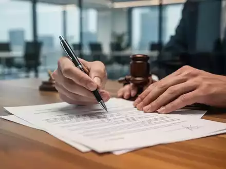 Hände halten einen Stift über einem Vertrag, der auf einem Schreibtisch liegt, im Hintergrund ein unscharfes Büro. - Foto: über boerse-global.de
