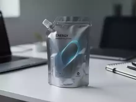 Nahaufnahme einer modernen Energy Pouch-Verpackung auf einem Schreibtisch, umgeben von verschwommenen Bürogeräten. - Foto: über boerse-global.de