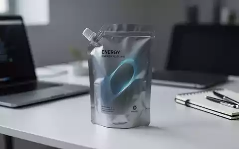 Nahaufnahme einer modernen Energy Pouch-Verpackung auf einem Schreibtisch, umgeben von verschwommenen Bürogeräten. - Foto: über boerse-global.de