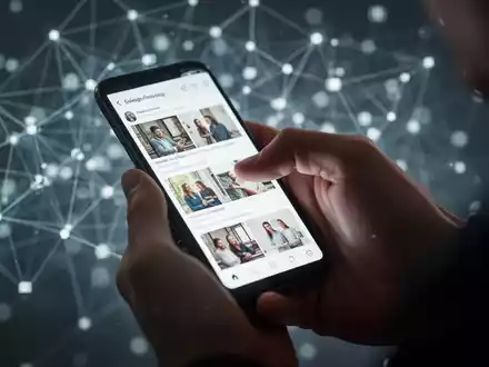 Eine Nahaufnahme einer Hand, die auf einem Smartphone endlos scrollt, mit einem unscharfen Hintergrund aus digitalen Verbindungen. - Foto: über boerse-global.de