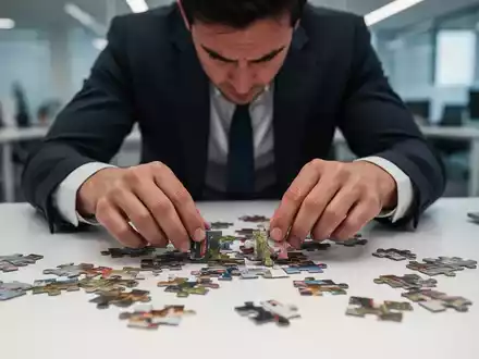Eine Person arrangiert akribisch verstreute Puzzleteile auf einem weißen Schreibtisch, einige Teile sind fehl am Platz. - Foto: über boerse-global.de