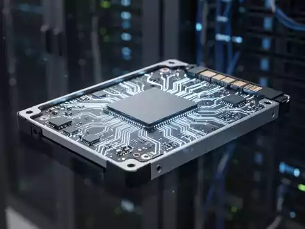 Nahaufnahme eines eleganten, leistungsstarken SSDs mit beleuchteter Schaltung vor verschwommenem Rechenzentrum-Hintergrund. - Foto: über boerse-global.de
