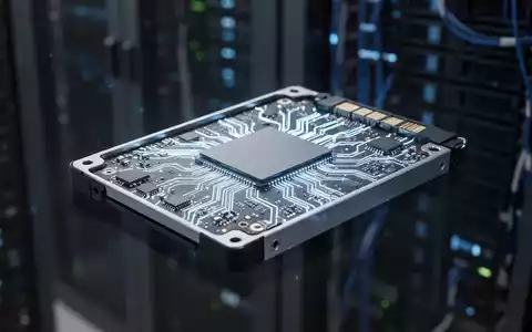 Nahaufnahme eines eleganten, leistungsstarken SSDs mit beleuchteter Schaltung vor verschwommenem Rechenzentrum-Hintergrund. - Foto: über boerse-global.de
