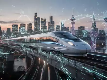 Moderner deutscher Hochgeschwindigkeitszug auf einer Brücke über einer digital erweiterten Stadt, Symbol für die Digitalisierung der Infrastruktur. - Foto: über boerse-global.de