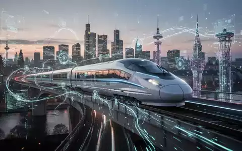 Moderner deutscher Hochgeschwindigkeitszug auf einer Brücke über einer digital erweiterten Stadt, Symbol für die Digitalisierung der Infrastruktur. - Foto: über boerse-global.de
