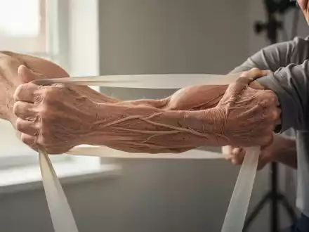 Ein älterer Arm mit sichtbarer Muskeldefinition, der ein leichtes Widerstandsband dehnt. Fokus auf gesunde Alterung und Kraft. - Foto: über boerse-global.de