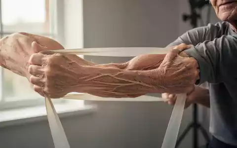 Ein älterer Arm mit sichtbarer Muskeldefinition, der ein leichtes Widerstandsband dehnt. Fokus auf gesunde Alterung und Kraft. - Foto: über boerse-global.de