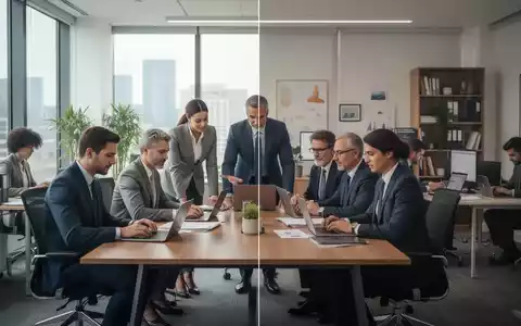 Eine geteilte Ansicht, die eine Gruppe von Geschäftsleuten im Büro und einzelne Personen im Homeoffice zeigt. - Foto: über boerse-global.de