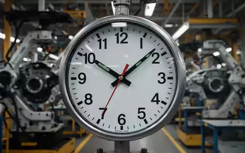Eine Fabrikuhr mit Zeigern, die auf eine längere Arbeitszeit hindeuten, im Hintergrund verschwommene Industriemaschinen. - Foto: über boerse-global.de