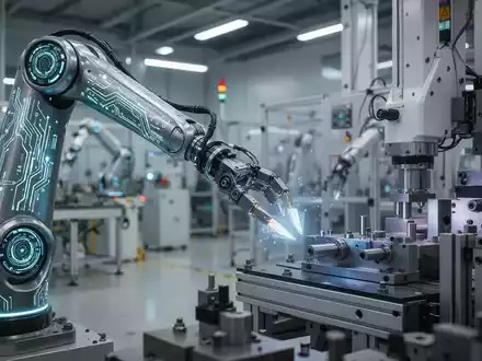 Ein fortschrittlicher Roboterarm mit leuchtend blauen Schaltkreisen manipuliert präzise Komponenten auf einer modernen Fabrikhalle, symbolisiert physische KI in der Industrie. - Foto: über boerse-global.de