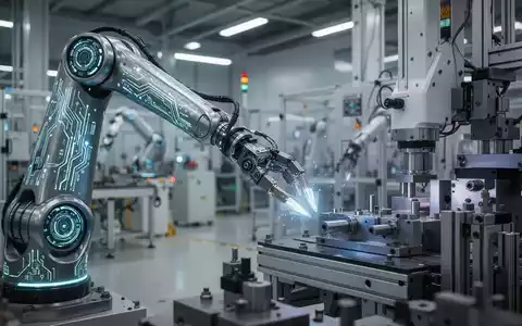 Ein fortschrittlicher Roboterarm mit leuchtend blauen Schaltkreisen manipuliert präzise Komponenten auf einer modernen Fabrikhalle, symbolisiert physische KI in der Industrie. - Foto: über boerse-global.de