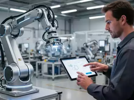 Schlanker mobiler Industrieroboterarm mit modularem Design, der mit einem Ingenieur in einer modernen Fabrik zusammenarbeitet. - Foto: über boerse-global.de