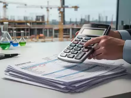 Eine Hand hält einen Taschenrechner über einem Stapel Rechnungen und Finanzdokumenten, die Steuerberechnungen und Fehler hervorheben. - Foto: über boerse-global.de