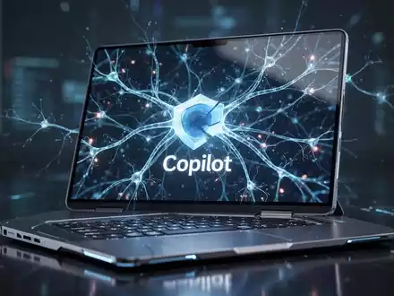 Futuristischer Laptop-Bildschirm mit leuchtendem neuronalen Netzwerk, KI-Fähigkeiten symbolisierend, dezente Spiegelung des Copilot-Logos. - Foto: über boerse-global.de