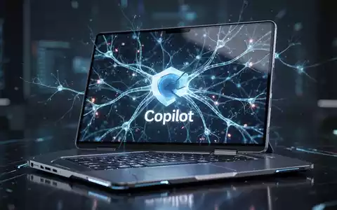 Futuristischer Laptop-Bildschirm mit leuchtendem neuronalen Netzwerk, KI-Fähigkeiten symbolisierend, dezente Spiegelung des Copilot-Logos. - Foto: über boerse-global.de