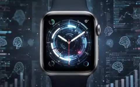 Nahaufnahme eines Apple Watch-Zifferblatts mit moderner, abstrakter watchOS-Oberfläche, leuchtenden Linien und Daten. Hintergrund unscharf. - Foto: über boerse-global.de