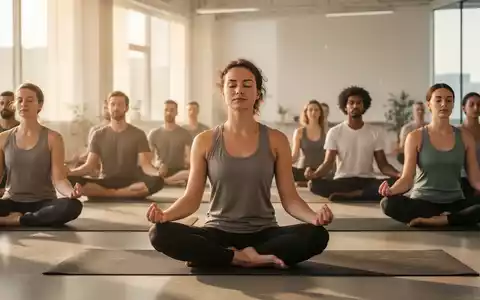 Eine Gruppe von Menschen meditiert ruhig auf Yogamatten in einem hellen, modernen Studio, um Stress abzubauen. - Foto: über boerse-global.de