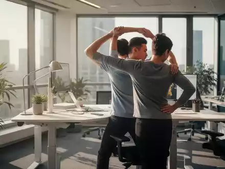 Eine Person dehnt ihren Rücken an einem ergonomischen Stehpult in einem modernen Büro, das eine gesunde Arbeitsumgebung darstellt. - Foto: über boerse-global.de