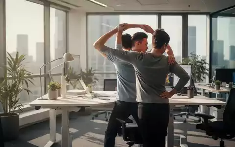 Eine Person dehnt ihren Rücken an einem ergonomischen Stehpult in einem modernen Büro, das eine gesunde Arbeitsumgebung darstellt. - Foto: über boerse-global.de