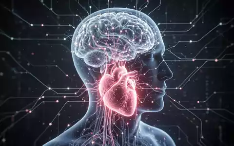 Eine futuristische Darstellung der Verbindung von Gehirn und Herz, mit leuchtenden neuronalen Netzen und technologischen Elementen. - Foto: über boerse-global.de