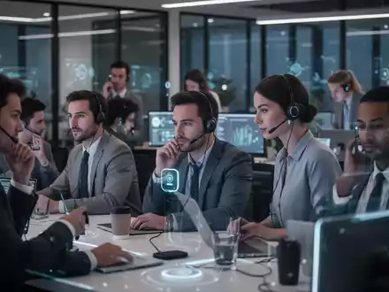 Büroangestellte in einem modernen Großraumbüro, die sprachgesteuerte Technologie nutzen, um die Effizienz zu steigern. - Foto: über boerse-global.de