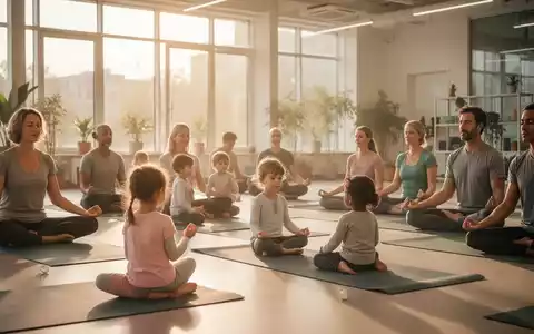 Eine Gruppe von Eltern und Kindern praktiziert Yoga und Entspannungsübungen in einem hellen, modernen Familienzentrum. - Foto: über boerse-global.de