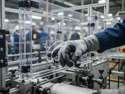 Eine Nahaufnahme einer behandschuhten Hand, die eine Maschine mit Sicherheitsvorrichtungen in einer Fabrik bedient. - Foto: über boerse-global.de