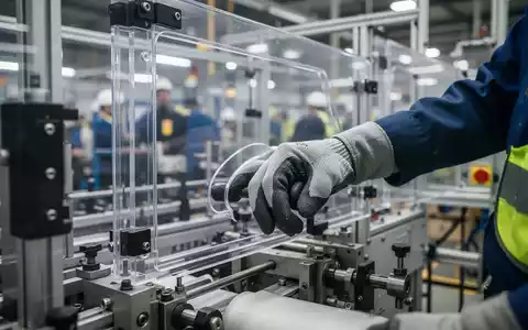 Eine Nahaufnahme einer behandschuhten Hand, die eine Maschine mit Sicherheitsvorrichtungen in einer Fabrik bedient. - Foto: über boerse-global.de