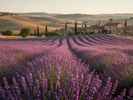 Ein weitläufiges, sonnenverwöhntes Lavendelfeld in voller Blüte mit sanften Hügeln und traditioneller Architektur im Hintergrund. - Foto: über boerse-global.de