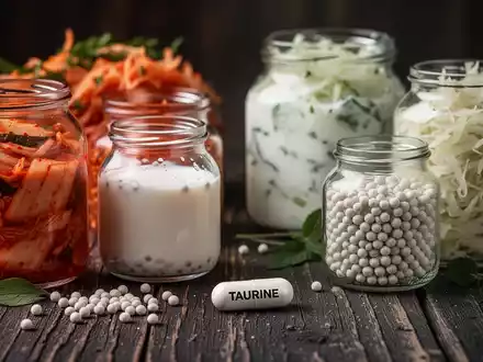 Eine Nahaufnahme von fermentierten Lebensmitteln wie Kimchi, Kefir und Sauerkraut in Gläsern, daneben eine Taurin-Kapsel. - Foto: über boerse-global.de