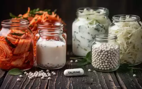 Eine Nahaufnahme von fermentierten Lebensmitteln wie Kimchi, Kefir und Sauerkraut in Gläsern, daneben eine Taurin-Kapsel. - Foto: über boerse-global.de