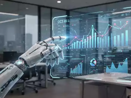 Eine futuristische Roboterhand interagiert mit einem holografischen Finanz-Dashboard, das Diagramme und Daten anzeigt, in einem modernen Büro. - Foto: über boerse-global.de