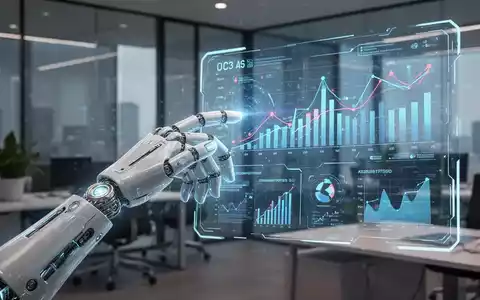 Eine futuristische Roboterhand interagiert mit einem holografischen Finanz-Dashboard, das Diagramme und Daten anzeigt, in einem modernen BĂŒro. - Foto: ĂŒber boerse-global.de