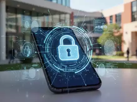 Nahaufnahme eines Smartphones mit einem Sicherheitsschloss-Symbol, umgeben von digitalen Sicherheitselementen. Hintergrund ist ein unscharfes Büro. - Foto: über boerse-global.de