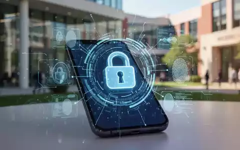 Nahaufnahme eines Smartphones mit einem Sicherheitsschloss-Symbol, umgeben von digitalen Sicherheitselementen. Hintergrund ist ein unscharfes Büro. - Foto: über boerse-global.de