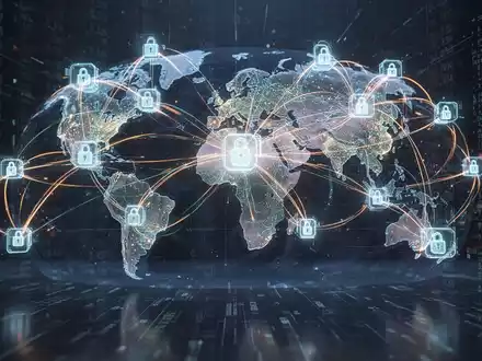 Digitale Illustration leuchtender Blockchain-Verbindungen um einen Globus, die schnelle grenzüberschreitende Finanztransaktionen und globale Reichweite symbolisieren. - Foto: über boerse-global.de