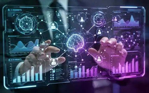 Holografische Schnittstelle mit leuchtend blauen und violetten Datenvisualisierungen und vernetzten Knoten, die KI und digitale Arbeitsabläufe symbolisieren. - Foto: über boerse-global.de